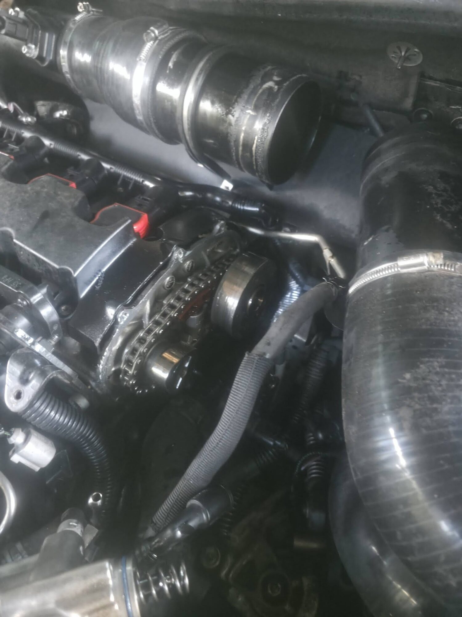 Engine bay detail during a repair